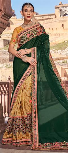 Engagement, Reception, Wedding Green, Yellow color Saree in Art Silk, Silk fabric with Half and Half, South Embroidered, Resham, Sequence, Thread, Zari work : 1911588
