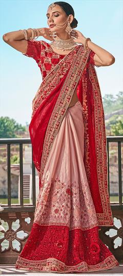 Engagement, Reception, Wedding Pink and Majenta, Red and Maroon color Saree in Art Silk, Silk fabric with Half and Half, South Embroidered, Resham, Sequence, Thread, Zari work : 1911589