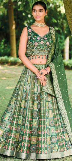 Bridal, Wedding Green color Ready to Wear Lehenga in Silk fabric with Flared Cut Dana, Printed work : 1911594