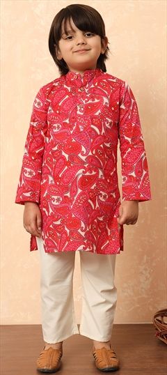 Festive, Wedding Pink and Majenta color Boys Kurta Pyjama in Cotton fabric with Printed work : 1911650