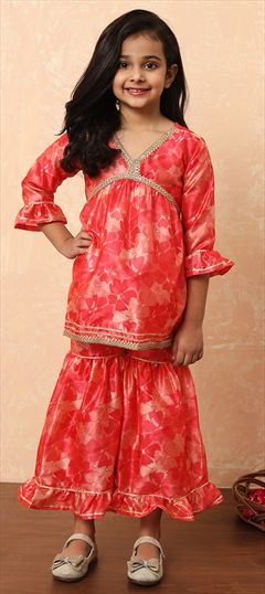 Festive, Wedding Pink and Majenta color Girls Top with Bottom in Art Silk fabric with Sharara Gota Patti, Printed work : 1911663