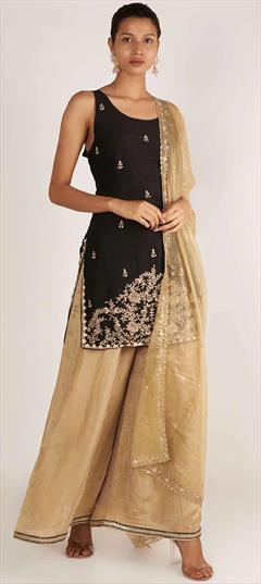 Engagement, Reception, Wedding Black and Grey color Salwar Kameez in Silk fabric with Sharara, Straight Embroidered, Sequence work : 1911688
