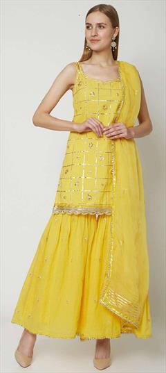 Engagement, Reception, Wedding Yellow color Salwar Kameez in Chanderi Silk fabric with Sharara, Straight Gota Patti work : 1911689