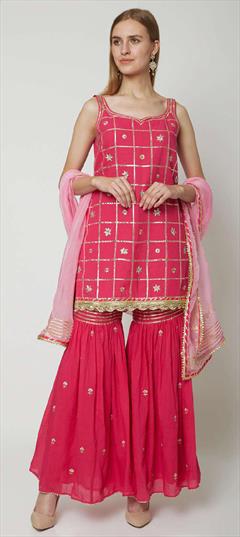 Engagement, Reception, Wedding Pink and Majenta color Salwar Kameez in Chanderi Silk fabric with Sharara, Straight Gota Patti work : 1911691