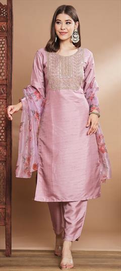 Party Wear Pink and Majenta color Salwar Kameez in Blended fabric with Straight Sequence, Thread, Zari work : 1911716