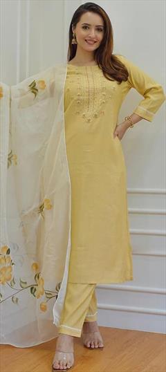 Festive, Party Wear, Reception Yellow color Salwar Kameez in Rayon fabric with Straight Mirror, Resham, Thread work : 1911729