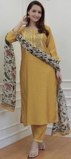 Festive, Party Wear, Reception Yellow color Salwar Kameez in Rayon fabric with Straight Mirror, Resham, Thread work : 1911731