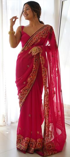Engagement, Festive, Reception Pink and Majenta color Saree in Georgette fabric with Classic Border, Embroidered, Stone, Thread work : 1911765