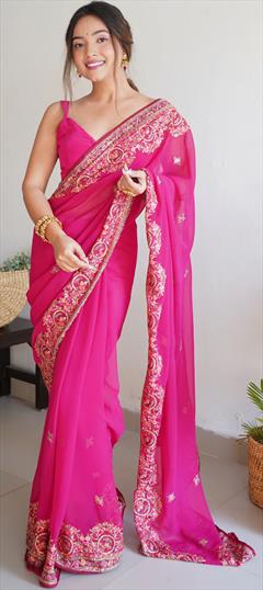 Engagement, Festive, Reception Pink and Majenta color Saree in Georgette fabric with Classic Border, Embroidered, Stone, Thread work : 1911766
