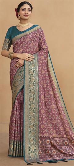 Festive, Traditional Pink and Majenta color Saree in Tussar Silk fabric with South Digital Print, Weaving work : 1911779
