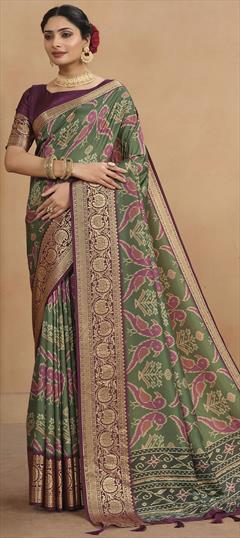 Festive, Traditional Green color Saree in Tussar Silk fabric with South Digital Print, Weaving work : 1911780