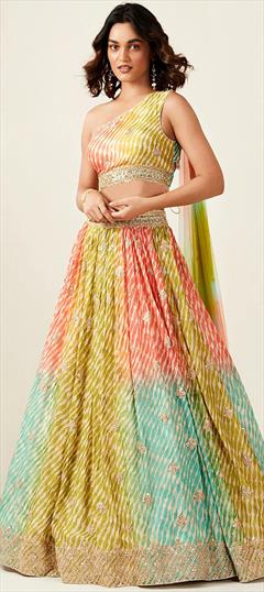 Festive, Reception, Wedding Multicolor color Ready to Wear Lehenga in Dolla Silk fabric with Flared Lehariya, Printed work : 1911787
