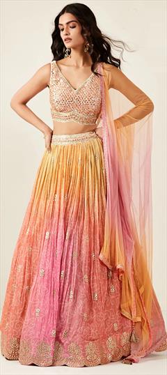 Festive, Reception, Wedding Pink and Majenta color Ready to Wear Lehenga in Dolla Silk fabric with Flared Bandhej, Printed work : 1911788