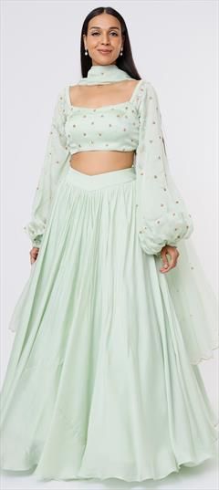 Festive, Reception, Wedding Green color Ready to Wear Lehenga in Satin Silk fabric with Flared Embroidered work : 1911795