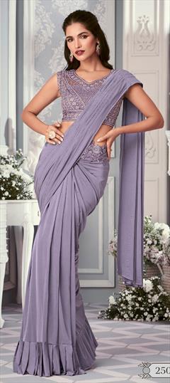 Engagement, Reception, Wedding Purple and Violet color Saree in Lycra fabric with Classic Sequence, Thread work : 1911796