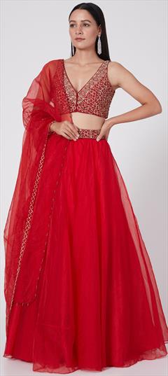 Festive, Reception, Wedding Red and Maroon color Ready to Wear Lehenga in Organza Silk fabric with Flared Embroidered work : 1911802