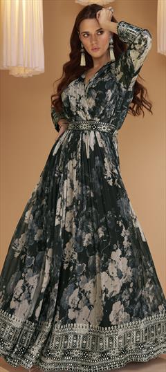 Festive, Party Wear, Reception Black and Grey color Gown in Georgette fabric with Embroidered, Floral, Printed, Thread work : 1911806