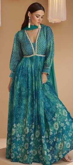 Festive, Party Wear, Reception Blue color Gown in Georgette fabric with Embroidered, Floral, Printed, Thread work : 1911813