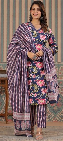 Festive, Summer Blue color Salwar Kameez in Cotton fabric with Straight Cut Dana, Printed work : 1911878