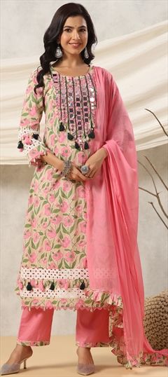 Festive, Summer Pink and Majenta color Salwar Kameez in Cotton fabric with Anarkali Floral, Mirror, Printed, Thread work : 1911885