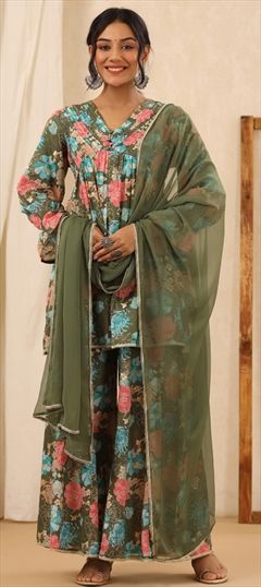 Festive, Summer Green color Salwar Kameez in Cotton fabric with Anarkali Floral, Lace work : 1911888