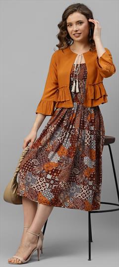 Casual Beige and Brown color Dress in Rayon fabric with Digital Print work : 1911891