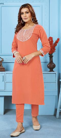 Casual Orange color Salwar Kameez in Cotton fabric with Straight Embroidered, Resham, Thread work : 1912003