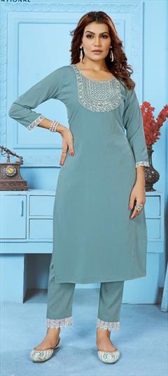 Casual Blue color Salwar Kameez in Cotton fabric with Straight Embroidered, Resham, Thread work : 1912005