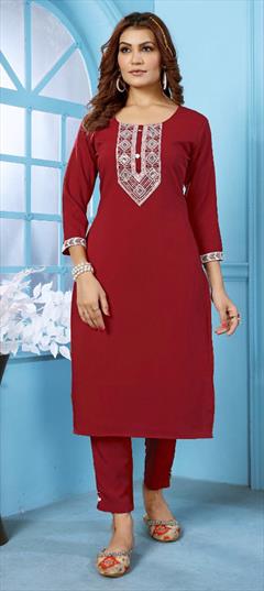 Casual Red and Maroon color Salwar Kameez in Cotton fabric with Straight Embroidered, Resham, Thread work : 1912010
