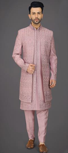 Party Wear Pink and Majenta color IndoWestern Dress in Silk fabric with Cut Dana, Embroidered, Resham, Thread work : 1912023