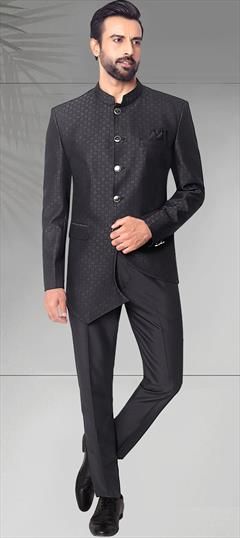 Party Wear, Reception, Wedding Black and Grey color Jodhpuri Suit in Jacquard fabric with Broches work : 1912050