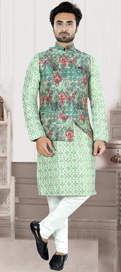 Festive, Party Wear, Reception Green color Kurta Pyjama with Jacket in Brocade fabric with Digital Print work : 1912070