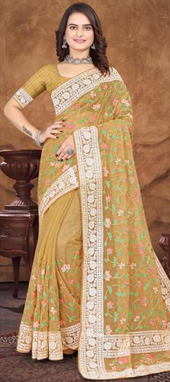 Reception, Wedding Yellow color Saree in Organza Silk, Silk fabric with South Embroidered, Resham, Thread work : 1912098