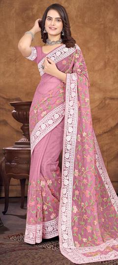 Reception, Wedding Pink and Majenta color Saree in Organza Silk, Silk fabric with South Embroidered, Resham, Thread work : 1912102