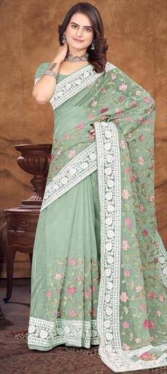 Reception, Wedding Green color Saree in Organza Silk, Silk fabric with South Embroidered, Resham, Thread work : 1912103