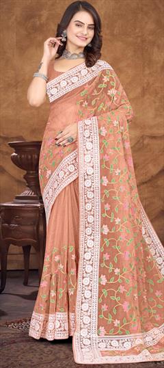 Reception, Wedding Pink and Majenta color Saree in Organza Silk, Silk fabric with South Embroidered, Resham, Thread work : 1912104
