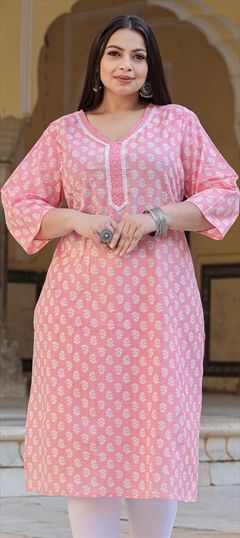 Casual, Summer Pink and Majenta color Kurti in Cotton fabric with Straight Lace, Printed, Resham, Thread work : 1912241