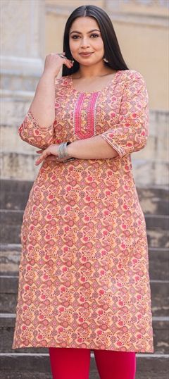 Casual, Summer Orange, Pink and Majenta color Kurti in Cotton fabric with Straight Printed, Sequence, Thread work : 1912250