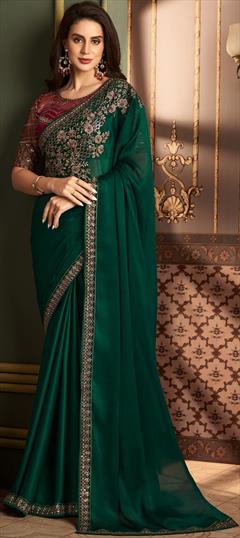 Reception, Traditional, Wedding Green color Saree in Silk fabric with South Embroidered, Resham, Sequence, Thread work : 1912290