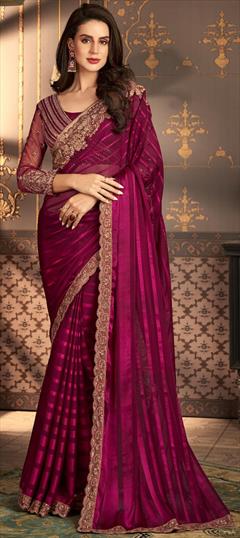 Reception, Traditional, Wedding Pink and Majenta color Saree in Silk fabric with South Embroidered, Resham, Sequence, Thread work : 1912294