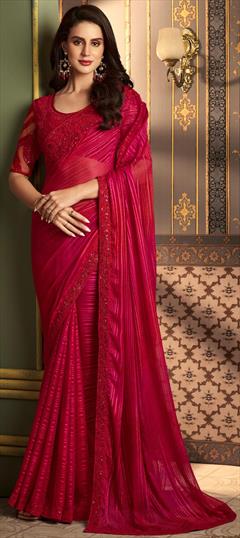 Reception, Traditional, Wedding Pink and Majenta color Saree in Silk fabric with South Embroidered, Resham, Sequence, Thread work : 1912300