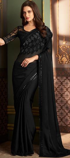 Engagement, Reception, Wedding Black and Grey color Saree in Chiffon fabric with Classic Embroidered, Resham, Sequence, Thread work : 1912301