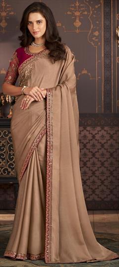 Reception, Traditional, Wedding Beige and Brown color Saree in Silk fabric with South Embroidered, Resham, Sequence, Thread work : 1912305