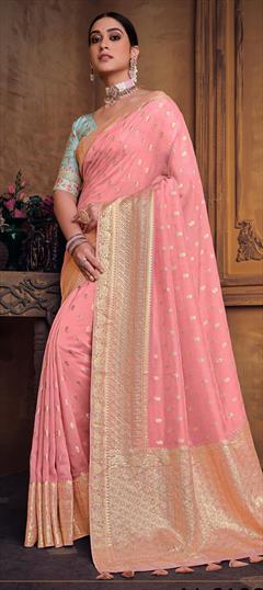 Bridal, Wedding Pink and Majenta color Saree in Silk fabric with South Embroidered, Thread, Zari work : 1912317