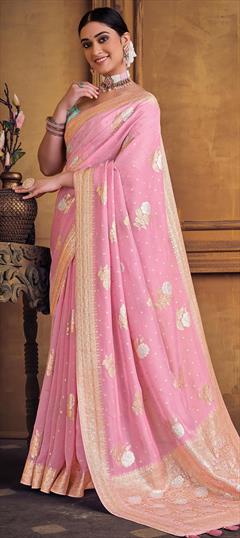 Bridal, Wedding Pink and Majenta color Saree in Silk fabric with South Embroidered, Thread, Zari work : 1912328