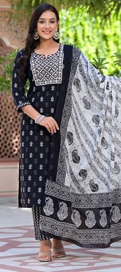 Festive, Summer Black and Grey color Salwar Kameez in Cotton fabric with Straight Embroidered, Mirror, Resham, Thread work : 1912342