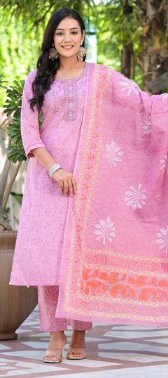 Festive, Summer Pink and Majenta color Salwar Kameez in Cotton fabric with Straight Embroidered, Printed, Resham, Thread work : 1912344