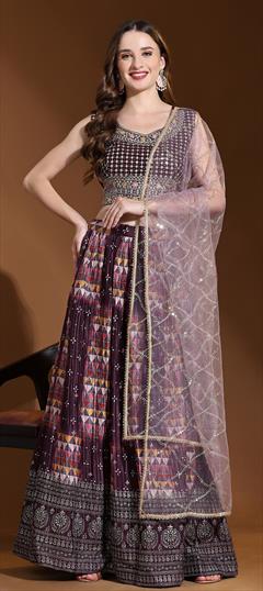 Party Wear, Wedding Purple and Violet color Ready to Wear Lehenga in Crushed Silk fabric with Flared Printed work : 1912346