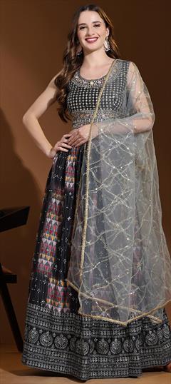 Party Wear, Wedding Black and Grey color Ready to Wear Lehenga in Crushed Silk fabric with Flared Printed work : 1912350