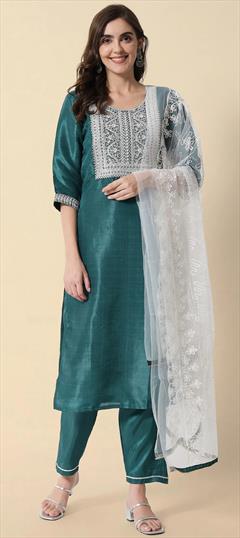Festive, Party Wear Green color Salwar Kameez in Blended, Silk fabric with Straight Embroidered, Sequence work : 1912384